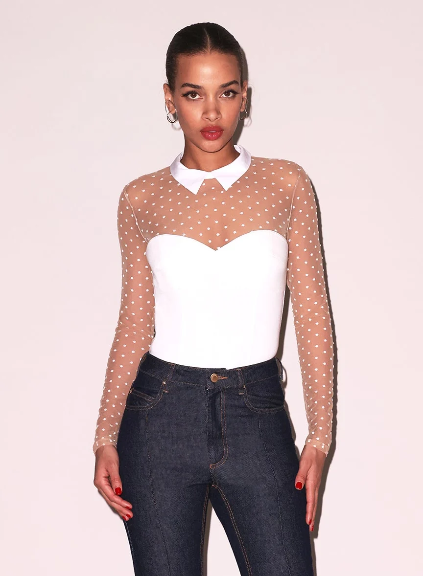 Collared Bodysuit with Dotted Tulle